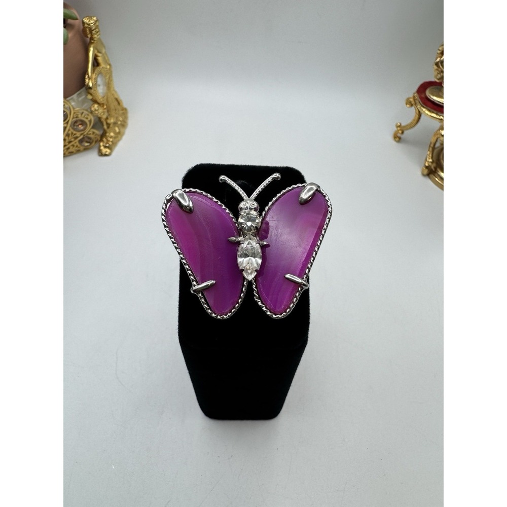 Pink Jasper Butterfly Ring Rhinestone Silver Tone Adjustable Fashion Jewelry